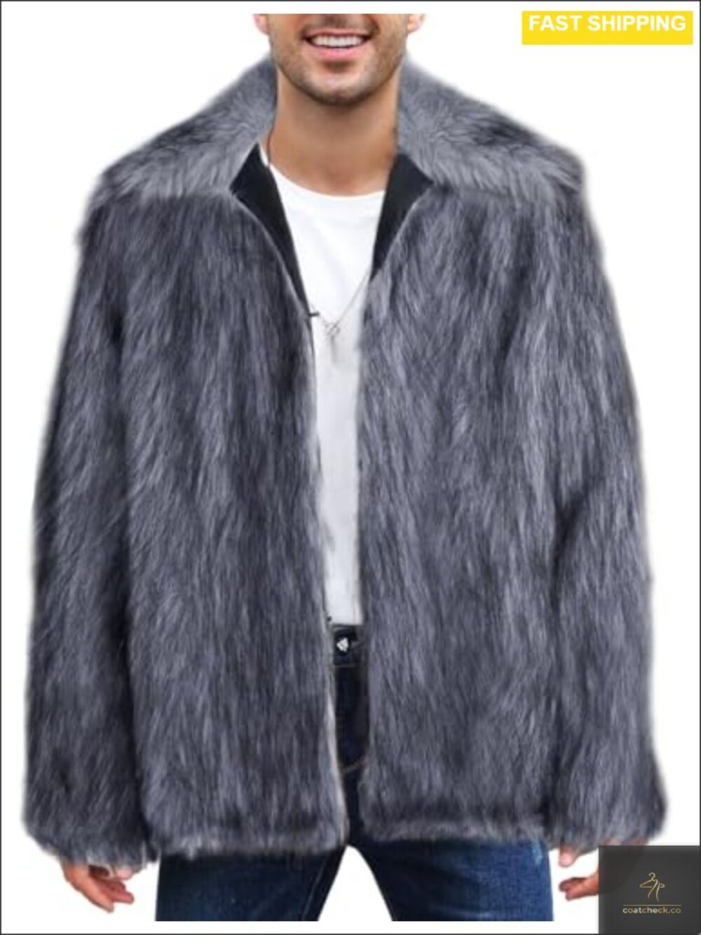 Men's Faux Fur Coat Warm Fluffy Lapel Long Sleeve Winter Jacket